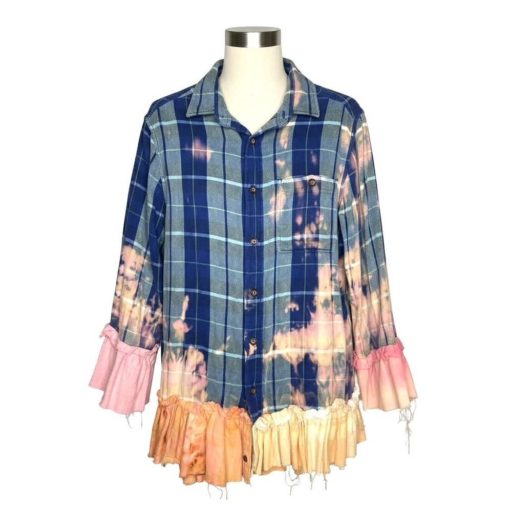 Flash and Trash Upcycled Plaid Bleached Button down ruffle‎ Size Medium fairy